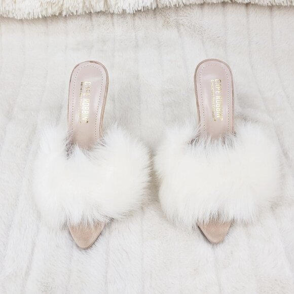 Furry Pointy Toe Slip On Gold Tone Slim Heels Nude - Picture 9 of 11